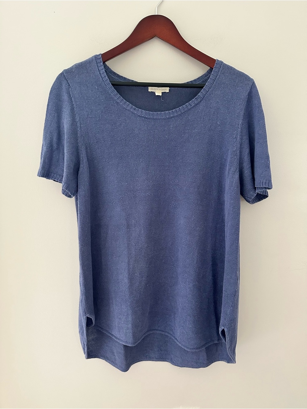 Eileen Fisher 100% Organic Linen Blue Short-Sleeve Knit Sweater Top Lightweight